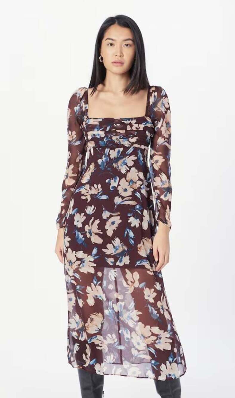 Abercrombie & Fitch Brown Floral Midi Dress with Blue and Cream Accents
